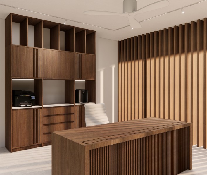 In-villa office with walnut joinery