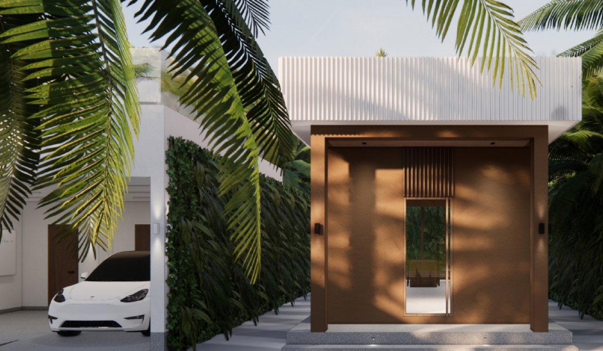 Villa entrance with Tesla EV charging