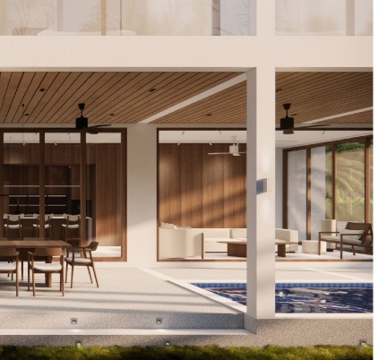 Covered terrace, dining area and pool